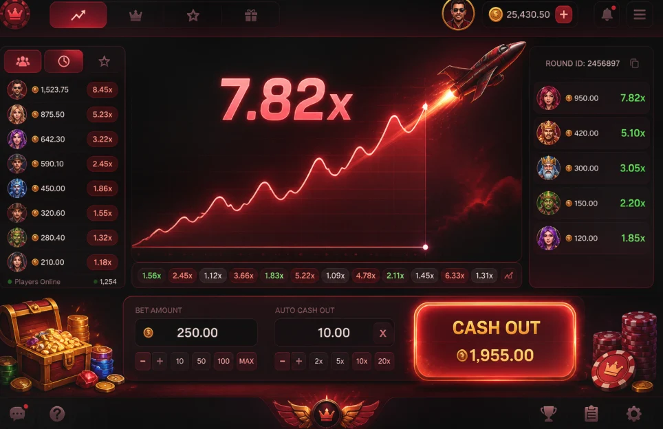 Crash-game met oplopende multiplier en cash-out-knop op een casinoscherm