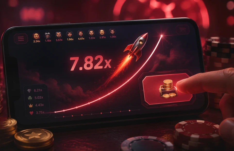 Crashspel met oplopende multiplier en cashout-knop op een mobiel scherm